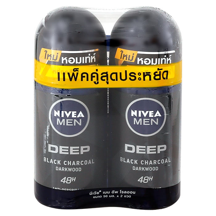 Nivea Men Deep Black Charcoal Darkwood Antibacterial Antiperspirant Roll On 50ml Pack of 2 - Asian Beauty Supply
