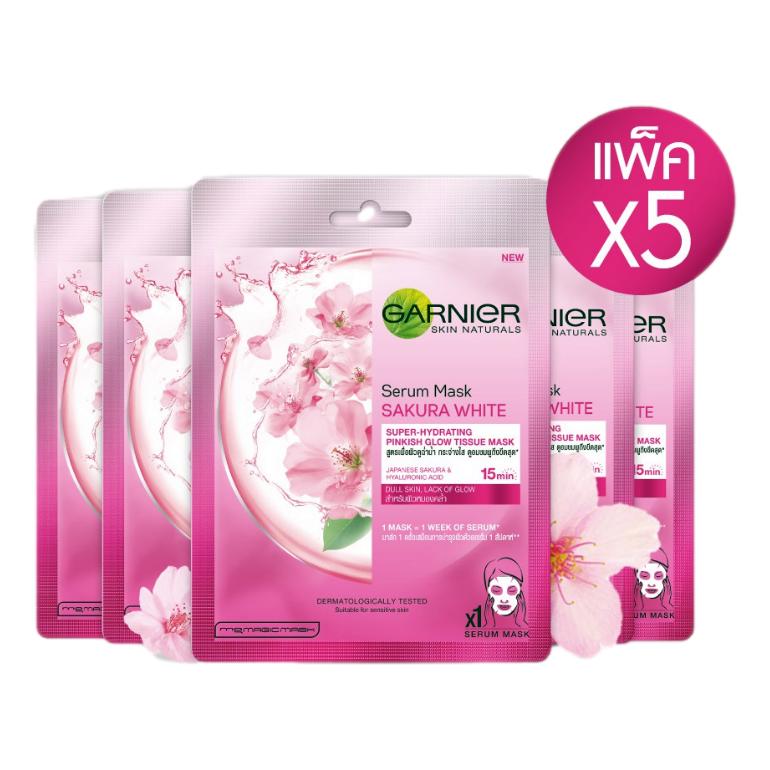 Garnier Sakura White Serum Mask Hydrating Pinkish Glow Hyaluronic Acid Pack of 5 - Asian Beauty Supply