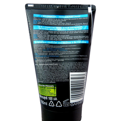 Garnier Men Turbolight Oil Control Charcoal 3 in 1 Face Wash Scrub 100ml - Asian Beauty Supply